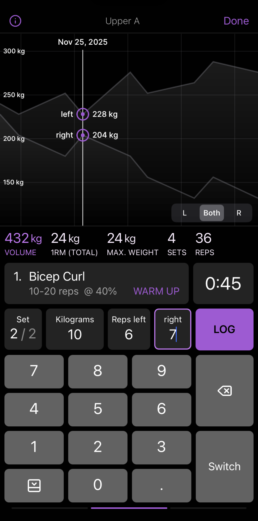 Active workout screen with exercise tracking and volume chart